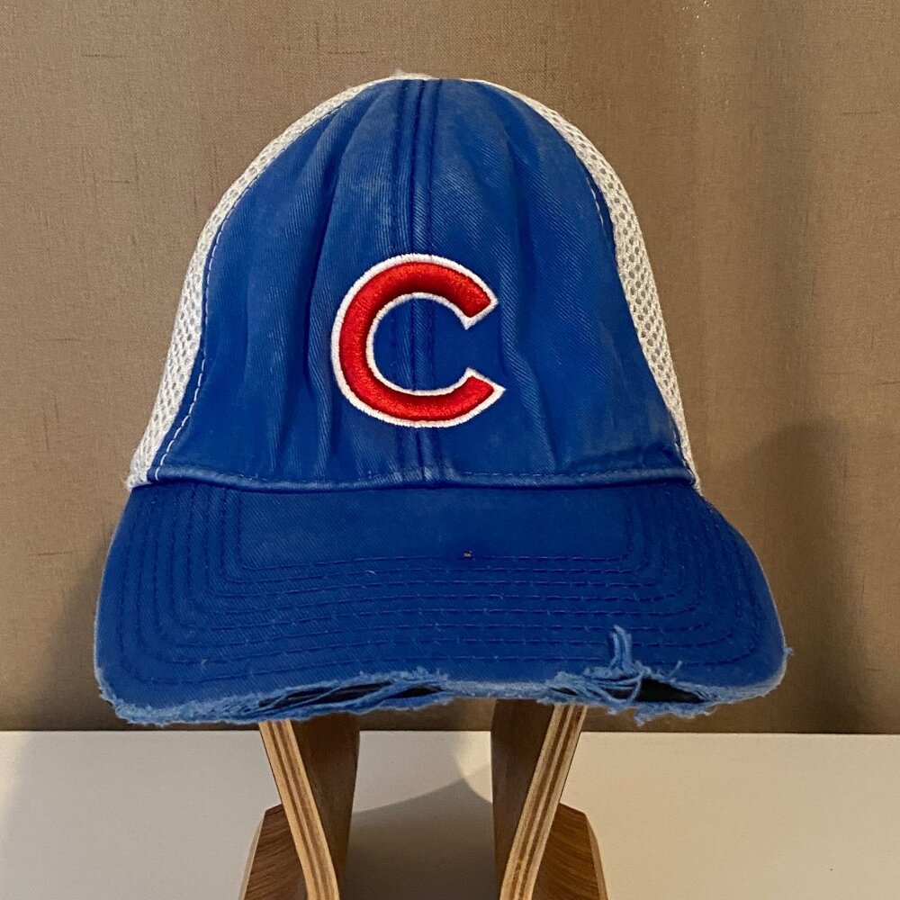 Vintage 1980s Chicago Cubs Hat Blue Mesh‎ Trucker Cap Distressed Look